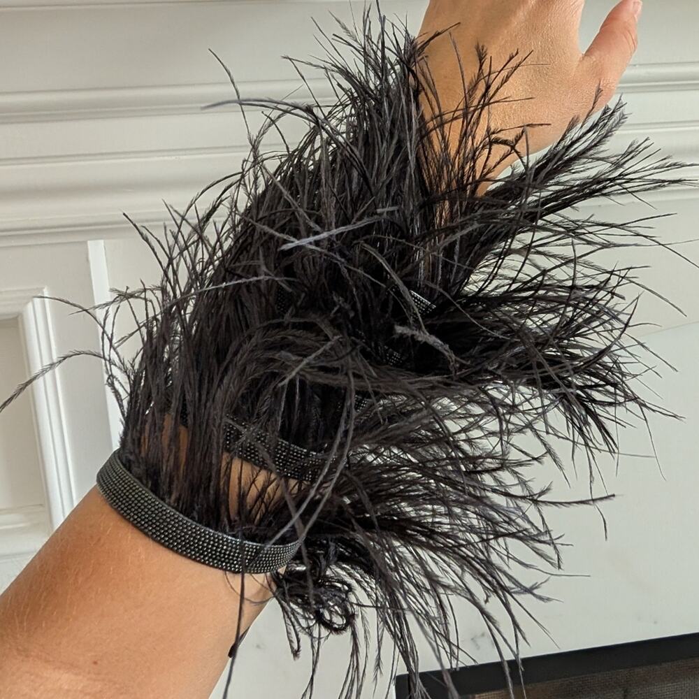 Brunello Cucinelli Gray Feather/Leather/Gunmetal Cuff Bracelet - Picture 3 of 7